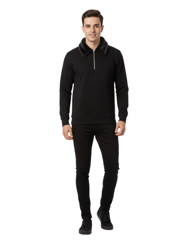 Premium Black Zipper Sweatshirt with Faux Fur Collar Winter Edition