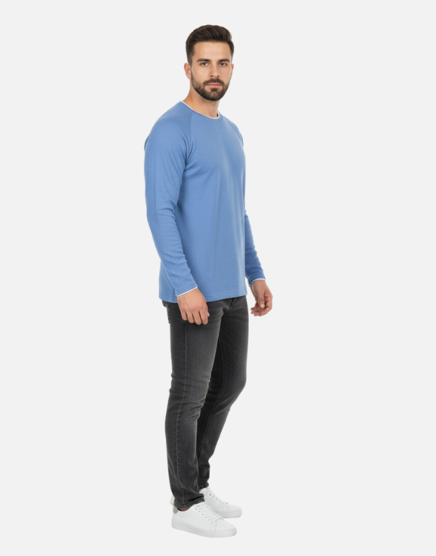 Premium Blue Long-Sleeve Waffle-Knit Crew-Neck Shirt