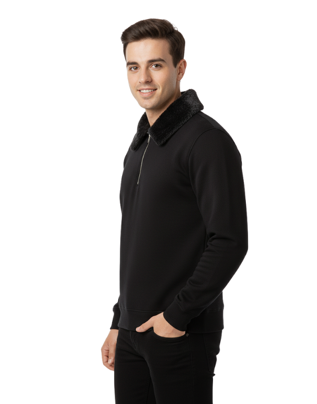 Premium Black Zipper Sweatshirt with Faux Fur Collar Winter Edition
