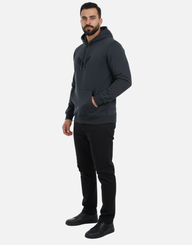 Premium Black Pullover Hoodie with Black Wing Logo Winter Edition