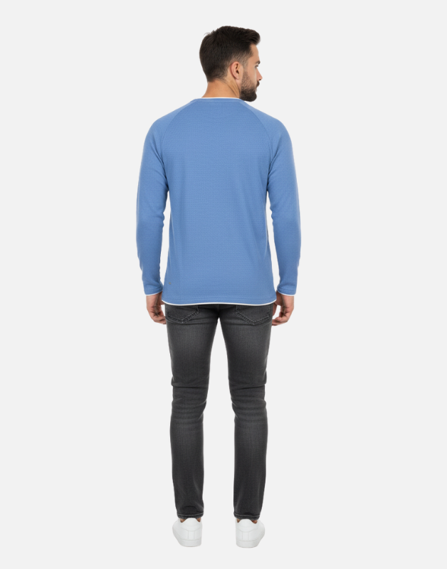 Premium Blue Long-Sleeve Waffle-Knit Crew-Neck Shirt