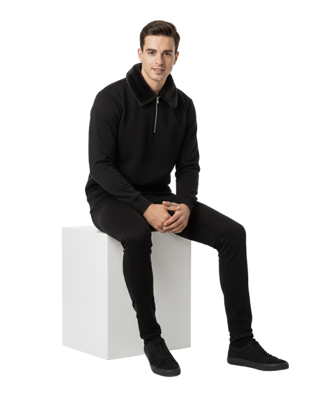 Premium Black Zipper Sweatshirt with Faux Fur Collar Winter Edition