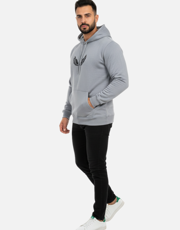 Premium Light Grey Pullover Hoodie with Black Wing Logo – 300 GSM Winter Edition