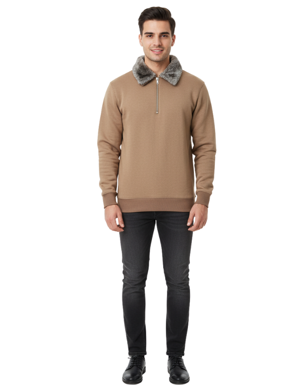 Premium Camel Brown Zipper Sweatshirt with Faux Fur Collar  Winter Edition