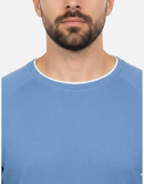 Premium Blue Long-Sleeve Waffle-Knit Crew-Neck Shirt