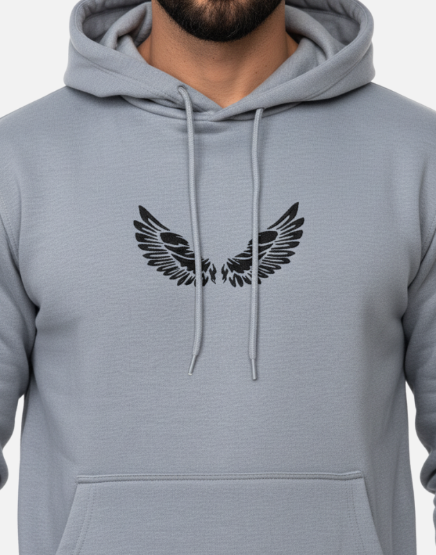 Premium Light Grey Pullover Hoodie with Black Wing Logo – 300 GSM Winter Edition