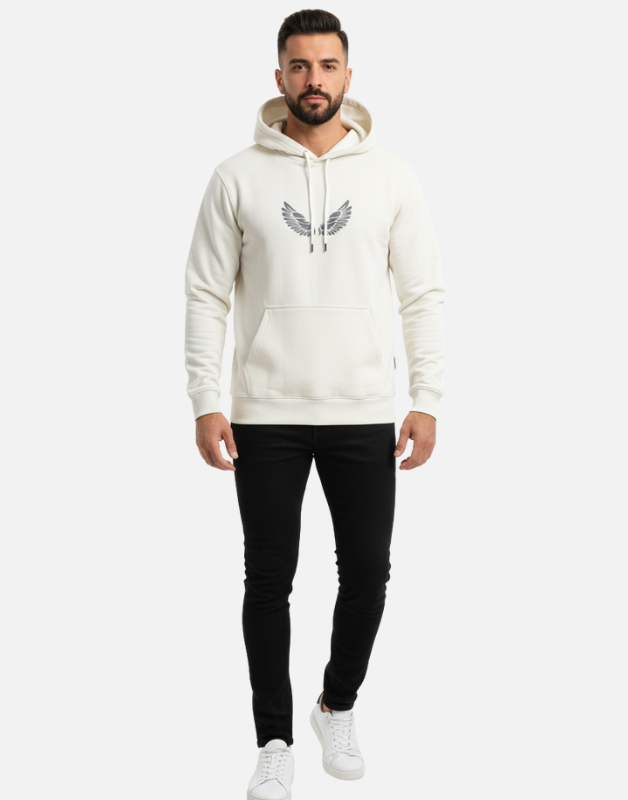 Premium White Pullover Hoodie with Black Wing Logo Winter Edition