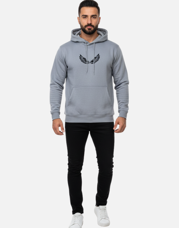 Premium Light Grey Pullover Hoodie with Black Wing Logo – 300 GSM Winter Edition
