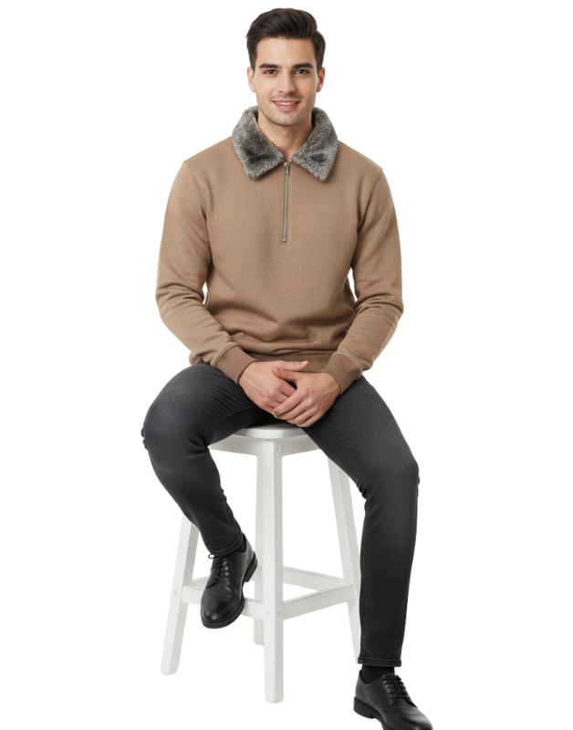Premium Camel Brown Zipper Sweatshirt with Faux Fur Collar  Winter Edition