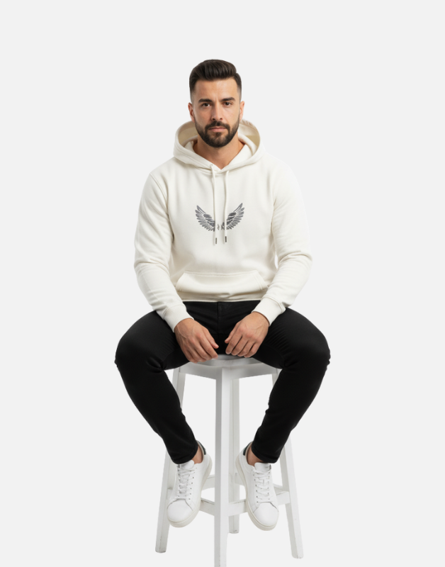 Premium White Pullover Hoodie with Black Wing Logo Winter Edition
