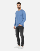 Premium Blue Long-Sleeve Waffle-Knit Crew-Neck Shirt