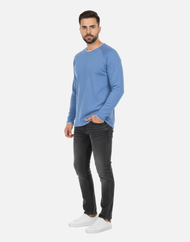 Premium Blue Long-Sleeve Waffle-Knit Crew-Neck Shirt