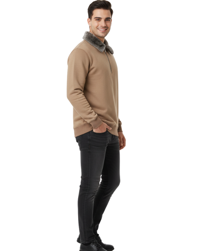 Premium Camel Brown Zipper Sweatshirt with Faux Fur Collar  Winter Edition