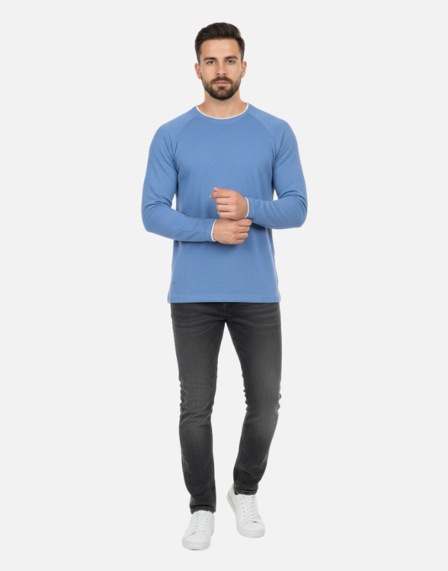 Premium Blue Long-Sleeve Waffle-Knit Crew-Neck Shirt